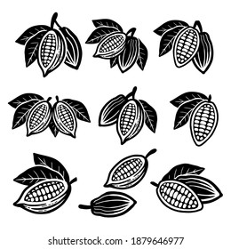 Cocoa beans icon set. Isolated on a white background.