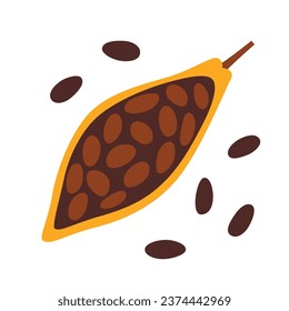 Icono de habas de cacao, ilustración vectorial de frutos de cacao con habas, ingrediente de chocolate, doodle de plantas tropicales, producto de chocolate orgánico natural, clipart de color aislado sobre fondo blanco