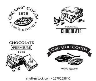 Cocoa beans illustration. pieces of natural dark chocolate. vector illustration isolated on white background