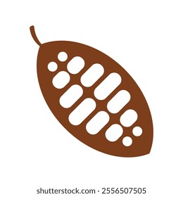 Cocoa beans isolated on a white background vector illustration. Cocoa pod. Fresh cocoa fruit, half sliced cacao pod with cacao beans inside. Trendy Flat logo. EPS 10