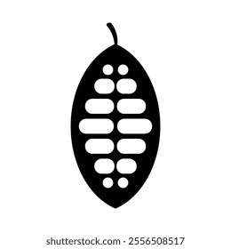 Cocoa beans isolated on a white background vector illustration. Cocoa pod. Fresh cocoa fruit, half sliced cacao pod with cacao beans inside. Trendy Flat logo. EPS 10