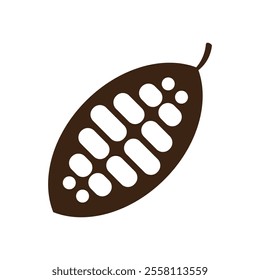 Cocoa beans isolated on a white background vector illustration. Cocoa pod. Fresh cocoa fruit, half sliced cacao pod with cacao beans inside. Trendy Flat logo. EPS 10