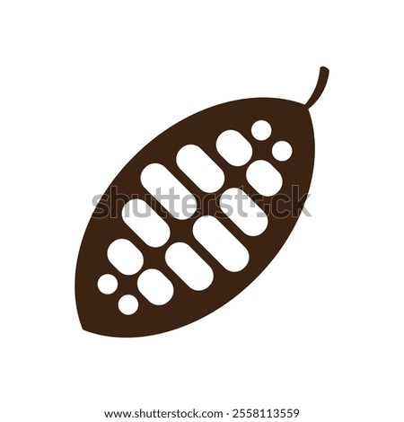 Cocoa beans isolated on a white background vector illustration. Cocoa pod. Fresh cocoa fruit, half sliced cacao pod with cacao beans inside. Trendy Flat logo. EPS 10