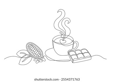 Cocoa beans with leaves, chocolate and cup with hot chocolate drink drawn in continuous line in minimalism style, in one line, editable vector contour