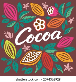 Granos de cacao con hojas. Granos de cacao, frutas tropicales, follaje. Postres orgánicos, bebidas aromáticas, chocolate natural. Fondo gráfico vectorial.