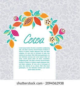Cocoa beans with leaves. Drawn cocoa beans, tropical fruits, foliage. Organic desserts, aromatic drinks, natural chocolate. Vector graphic background.