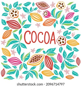 Granos de cacao con hojas. Granos de cacao, frutas tropicales, follaje. Postres orgánicos, bebidas aromáticas, chocolate natural. Fondo gráfico vectorial.