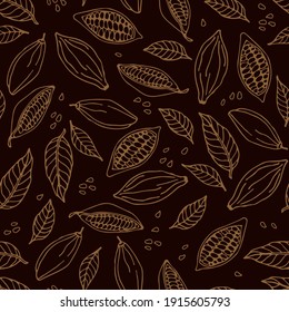 Cocoa beans and cocoa leaves seamless pattern. Hand drawn vector Cocoa beans, leaves sketch on dark brown background. Doodle Outline illustration. Plant parts. Organic product wrapping, packing, scrap