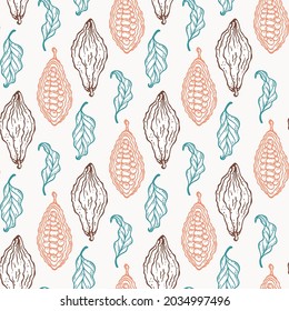 Granos de cacao y hojas patrón vectorial floral sin soldadura. Cacao Pods. Fondo de frutas