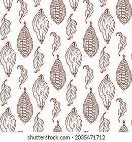Cocoa Beans and Leaves Vector Floral Seamless Pattern. Cacao Pods. Fruits Background. 