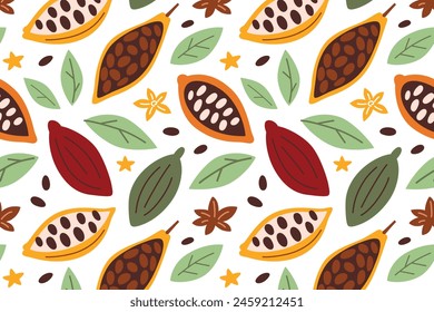 Granos y hojas de cacao, Ilustraciones vectoriales de fruta de cacao, exótico patrón sin costuras con plantas, canela y garabatos de vainilla, adorno de colores de frutas tropicales iconos, papel de embalaje para chocolate