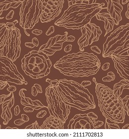 Cocoa Beans and Leaves Vector Seamless Pattern. Cacao Pods. Fruits Floral Background. Brown Chocolate Color