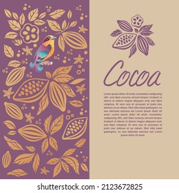 Cocoa Beans and Nut. chocolate ornament. Cocoa bean, leaves and nut. Natural, organic decorative decor. Chocolate bar label design. Textile, fabric print in monochromatic texture.