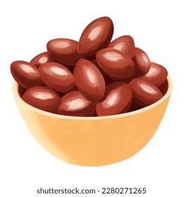 Cocoa Beans on Wooden Bowl Isolated Hand Drawn Painting Illustration