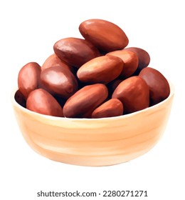 Cocoa Beans on Wooden Bowl Isolated Hand Drawn Painting Illustration