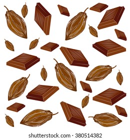 cocoa beans and pieces of chocolate on white background