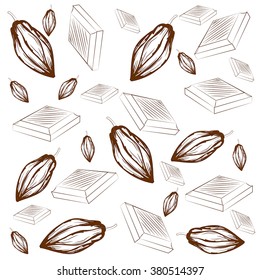 cocoa beans and pieces of chocolate on white background