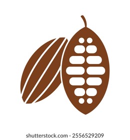 Cocoa beans with pod isolated on a white background vector illustration. Cocoa pod. Fresh cocoa fruit, half sliced cacao pod with cacao beans inside. Trendy Flat logo. EPS 10 