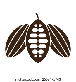 Cocoa beans with pods isolated on a white background vector illustration. Cocoa pod. Fresh cocoa fruit, half sliced cacao pod with cacao beans inside. Trendy Flat logo. EPS 10 