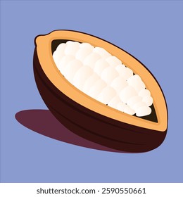 Cocoa beans with pods isolated on a color background vector illustration. Cocoa pod. Fresh cocoa fruit, half sliced cacao pod with cacao beans inside. Trendy Flat logo. EPS 10