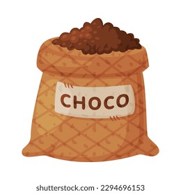 Cocoa beans sack. Cacao powder in bag, chocolate dessert, sweets, drinks and pastry food ingredient cartoon vector illustration