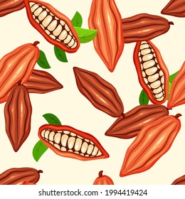 Cocoa beans seamless pattern. Chocolate tree fruit. Cacao plant. Vector food concept in a trendy cartoon style.