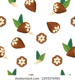 Cocoa beans seamless pattern. Chocolate cocoa beans tree. Organic product. Background for packaging chocolate drink and chocolate. Cartoon vector illustration isolated on the white background. 
