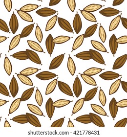 Cocoa beans seamless pattern. Chocolate background. Organic raw cocoa beans brown on white pattern.