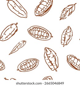 Padrão sem emenda de grãos de cacau, ilustração de vetor monocromático, desenhado à mão
