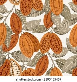 El cacao es un patrón sin fisuras. Ilustración de árbol de cacao. Ilustración de estilo retro. Granos de cacao de chocolate. Ilustración vectorial.