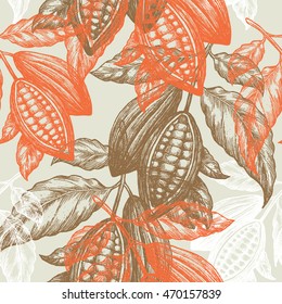 Cocoa beans seamless pattern. Cocoa tree illustration. Engraved style illustration. Chocolate cocoa beans. Vector illustration