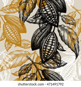 Los granos de cacao son un patrón sin fisuras. Ilustración de árbol de cacao. Ilustración de estilo grabada. Granos de cacao de chocolate. Ilustración del vector