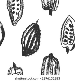 Cocoa beans seamless pattern. Vector hand-drawn Cacao beans background for chocolate packaging ornament or powder. Old-fashioned cocoa plant illustrations for Bean to Bar label. Organic cacao butter.