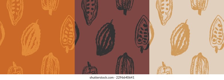 Cocoa beans seamless pattern. Vector hand-drawn Cacao beans background for chocolate packaging ornament or powder. Old-fashioned cocoa plant illustrations for Bean to Bar label. Organic cacao butter.