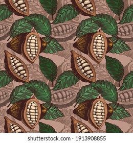 Cocoa beans seamless pattern in vintage style. Vector engraved illustration, isolated 