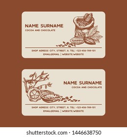 Cocoa beans sketch vector illustration for viziting card. Engraved style illustration. Chocolate cocoa beans, fruits and bag of choco powder