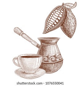 Cocoa beans, turk with hot chocolate and cocoa beverage in a cup.

