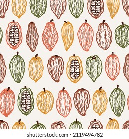 El Cocoa Beans Varieties Seamless Pattern. Diferentes variedades de coloridos frutos de Cacao Pods. Ilustración del vector