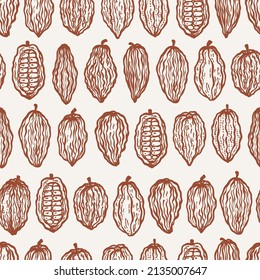 Cocoa Beans Varieties Seamless Pattern. Different Variety of Cacao Pods Fruits. Vector Food Background. 