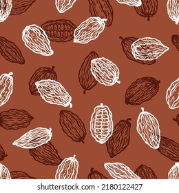 Cocoa Beans Varieties Seamless Pattern. Different Variety of Cacao Pods Fruits. Vector Food Background. Great for chocolate packaging design.