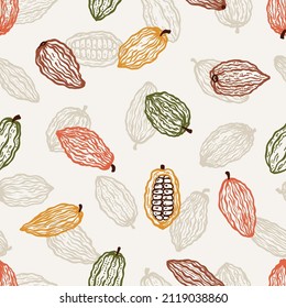 Cocoa Beans Varieties Vector Seamless Pattern. Different Variety of Colorful Cacao Pods Fruits Background.