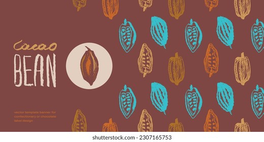 Plantilla de banner vectorial de frijol de cacao para sitios web, publicidad de productos de chocolate o promoción. Patrón de estilo único y personalizable, con ilustraciones de frijol de cacao. Diseño versátil.