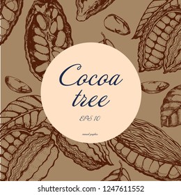 cocoa beans vector illustration on brown background, hand drawing