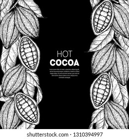 Cocoa beans vector illustration. Cocoa pods sketch. Chocolate beans. Vintage design. Hand drawn illustration.