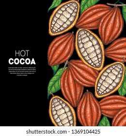 Cocoa beans vector illustration. Cocoa pods sketch. Chocolate beans. Vintage design. Hand drawn illustration. Can used for packaging design.