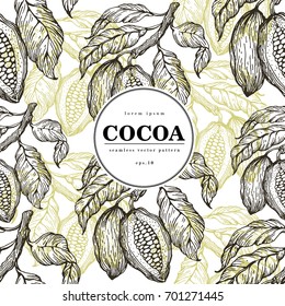 Cocoa beans vector seamless pattern. Engraved retro style illustration. Chocolate cocoa beans. Banner template.