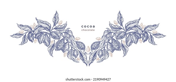 Granos de cacao. Ilustración vectorial. chocolate orgánico. Frutos del aroma tropical. Patrón dibujado a mano en fondo blanco