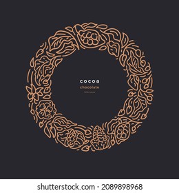 Cocoa border. Art line abstract circle. Dark chocolate. Vector texture branch, golden leaves, flower. Graphic illustration on dark background. Arab pattern