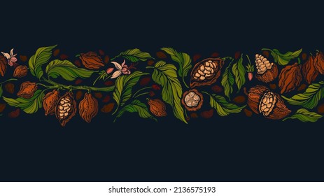 Cocoa border. Dark chocolate. Vector graphic bean, branch, aroma fruit. Art bright seamless band on black background. Organic aroma butter, natural sweet food. Vintage pattern