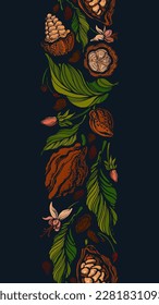Cocoa border. Dark chocolate. Vector vintage plant, fruit, flower and leaves, aroma beans. Tropical seamless pattern on black background